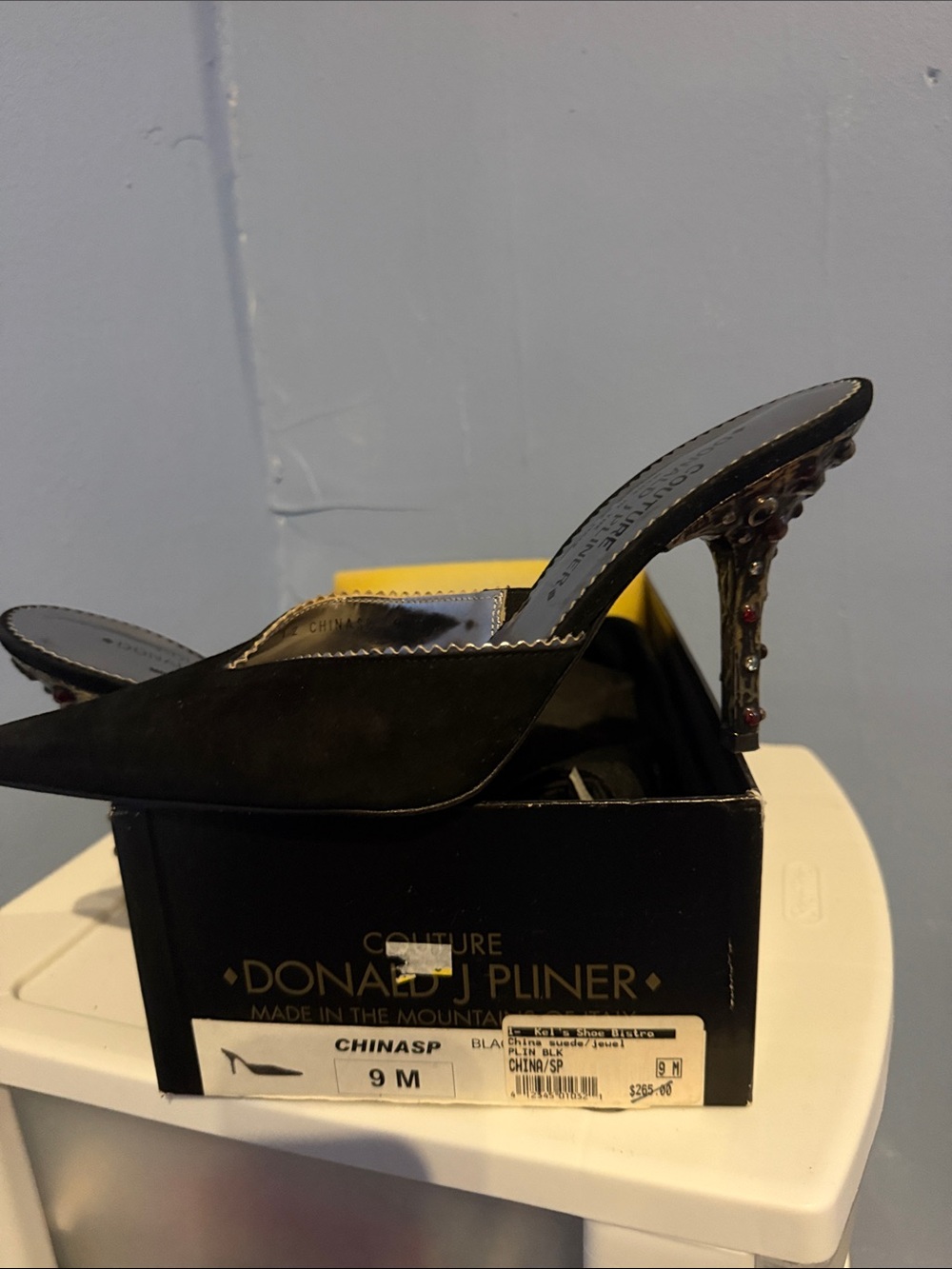 Donald J. Pliner Black Suede Pointed Toe Jeweled Heel Mule
